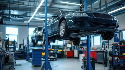 Car raised, auto repair shop, maintenance, vehicle inspection, blurred background