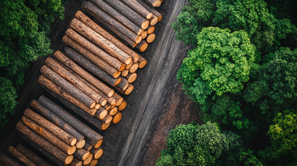 Aerial view of timber logs neatly stacked in a managed forest symbolizes sustainable forestry responsible harvesting transparency in natural resource use and modern wood production practices


