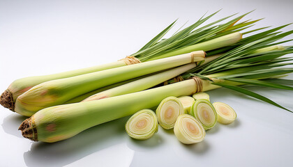 Lemongrass: Freshly harvested lemongrass stalks and slices, offering a glimpse into the aromatic potential of this herb, highlighting its culinary and wellness applications.