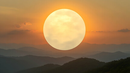Serene sunset over majestic mountain ranges, featuring a large, bright, circular sun or moon partially obscured by clouds. Ideal for meditation, tranquility, and nature themes.
