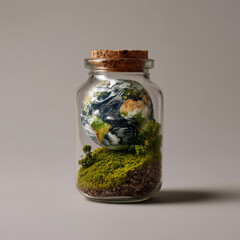Earth in a Glass Jar on Neutral Background