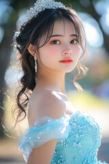 Fototapeta premium Woman in Elegant Dress with Tiara Looking at Camera