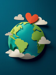 Paper Cutout Earth with Heart Shape on Blue Background