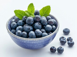 A bowl of fresh blueberries on a white background, high-resolution photography, stock photo, commercial photoshoot, advertising lighting, 50mm lens. 