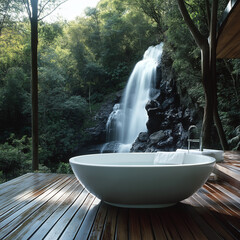 freestanding tub on a wooden deck beside a waterfall. 