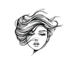 Beautiful Woman with Hair Blowing in the Wind - Black and White Vector