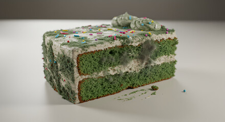 Obraz premium Stale Slice of Cake with Green Bread and Mold Growing on It