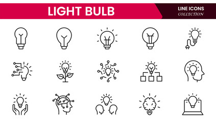 Vector illustration web line icon collection showcasing light bulb designs representing ideas, innovation, creativity, energy, solutions, thinking, inspiration, technology, brightness, and invention.