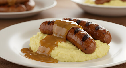 Savory Bangers And Mash Plate Garnished With Rich Gravy