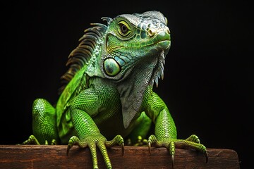 Obraz premium A vibrant green iguana is proudly posed for a portrait