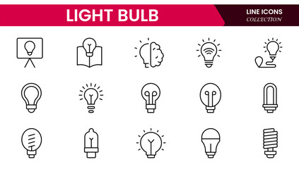 Vector illustration web line icon collection showcasing light bulb designs representing ideas, innovation, creativity, energy, solutions, thinking, inspiration, technology, brightness, and invention.