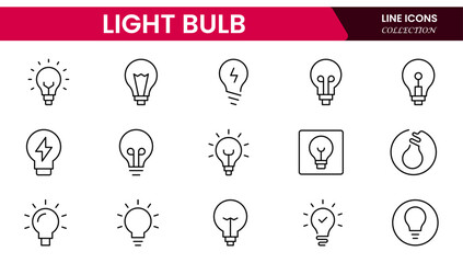 Vector illustration web line icon collection showcasing light bulb designs representing ideas, innovation, creativity, energy, solutions, thinking, inspiration, technology, brightness, and invention.