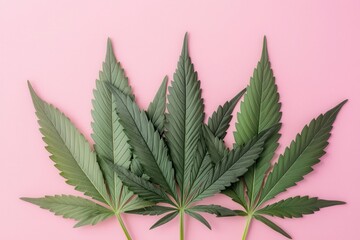 Cannabis and mental health concept. Vibrant cannabis leaves arranged against a pink background.
