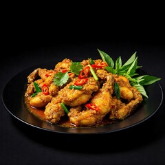 Fototapeta premium plate of Vietnamese ếch xào lăn, stir-fried frog with curry, on a black background, served with fresh herbs and chili slices. 