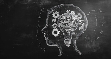Conceptual illustration representing thought processing with gears and light bulb