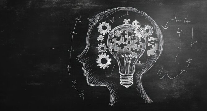 Conceptual illustration representing thought processing with gears and light bulb