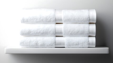 Obraz premium Stacked, fluffy, white towels neatly folded on a clean shelf against a bright background