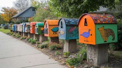 A series of brightly painted mailbox sculptures, each shaped like different animals, lines the edge of a quiet suburban street. The mailboxes, in hues of orange, 