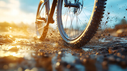 Mountain bike wheel splashing through mud puddle at sunset; action shot, close-up detail.
