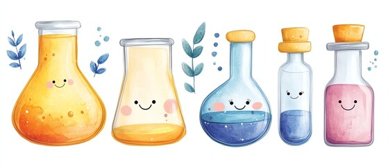 Cute cartoon beakers and bottles with colorful liquids. Perfect for science, education, or kids' projects.