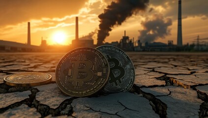 Coins on Cracked Earth Near Industrial Area During Sunset