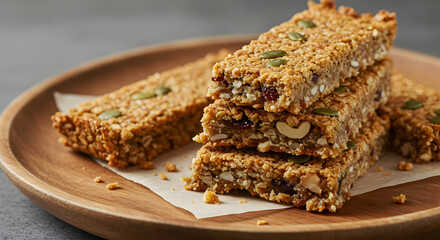 Delicious Homemade Granola Bars Stacked On A Wooden Plate For Healthy Snacking