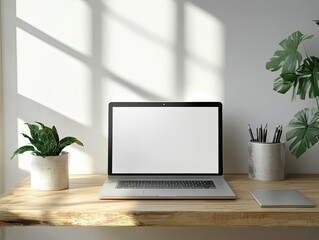 Fototapeta premium Modern Workspace with Laptop, Plants, and Minimalist Decor