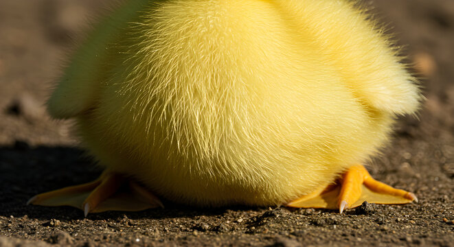 Close Up Of A Fluffy Yellow Duckling On The Ground Showing Feet