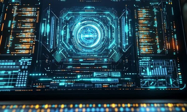 Futuristic laptop interface displaying data visualization and analytics in a tech environment