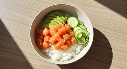 Salmon Bowl With Rice Avocado And Cucumber In The Morning Light
