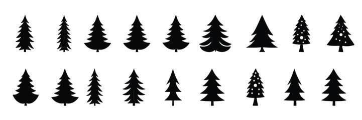 Set of black Christmas trees silhouette decorations illustration isolated on white background