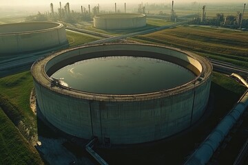 Fototapeta premium Aerial View of Industrial Water Storage Tanks in a Scenic Landscape