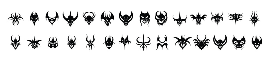 Traditional masks with human faces set -tribal symbol in black and white, folk art