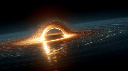 A surreal black hole with a glowing dot at its pitch black core, vivid accretion disk swirling, light warped around it, bright energy jets shooting out, symbolizing power mystery and infinity

