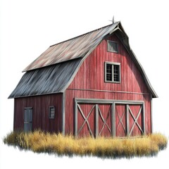 Obraz premium Rustic red gambrel barn digital painting weathered wood countryside agriculture theme vintage style farm building illustration
