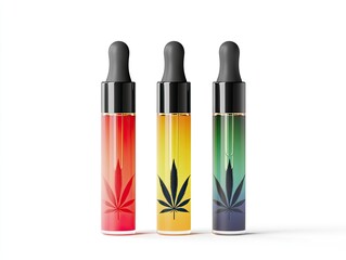 Obraz premium Colorful Cannabis Oil Bottles with Leaf Designs on White Background