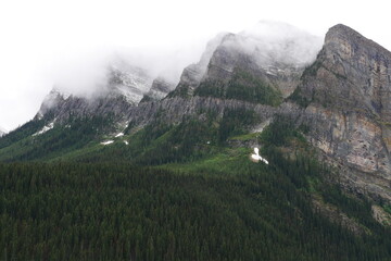 Snow-capped Canadian Rockies seen from Lake Louise, Alberta, Canada