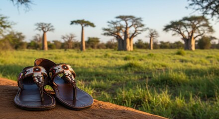 African Safari Adventure: Beaded Sandals Resting on a Red Dirt Path with Majestic Baobab Trees in the Background