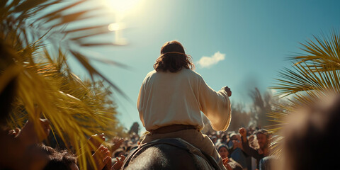 Jesus christ entering jerusalem on a donkey, blessing the crowd