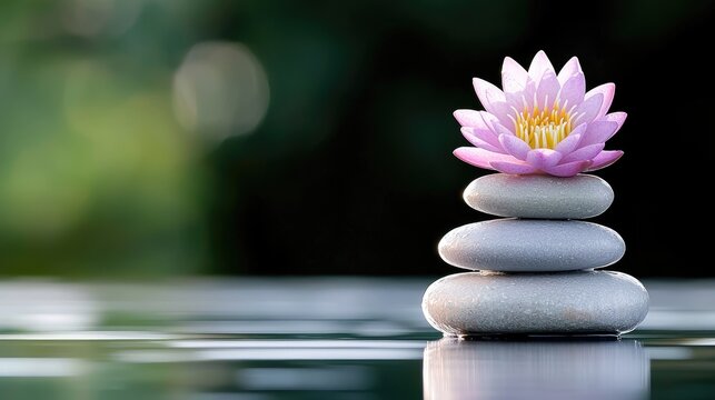 Pink lotus flower balanced on stones tranquil nature scene wellness and spa photography