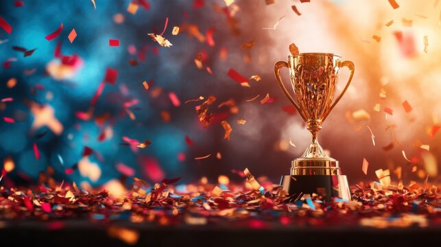 A trophy stands proudly on a table, enveloped by vibrant confetti, celebrating a significant achievement during an event filled with joy