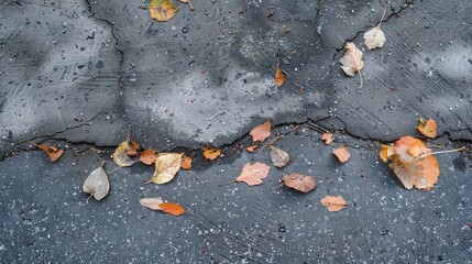 Autumn leaves on cracked pavement