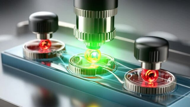 Advanced Scientific Instrumentation: A close-up view of advanced scientific equipment, likely a microscope or similar device, with striking red and green lights illuminating its intricate mechanisms.