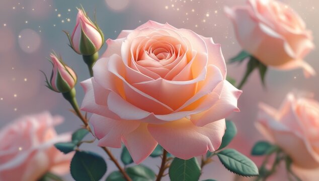 Beautiful pink rose blooming against a blue sky background