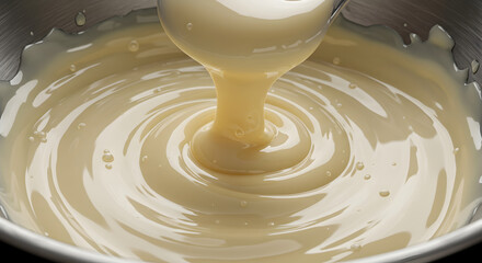 Creamy Delight Preparation Sweet Sauce Dripping Into a Metal Bowl