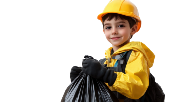 Young Builder's Duty: A young child, dressed in a miniature construction uniform and hardhat, holds a hefty garbage bag, embodying responsibility, determination.