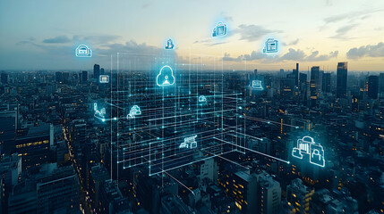Naklejka premium Futuristic cityscape at dusk with glowing network connections illustrating cloud computing and data transfer.