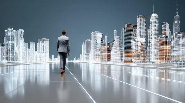 Towards the Future: A lone figure walks forward, their silhouette framed against a futuristic cityscape rendered in a web of lines and light. This abstract image invites contemplation of progress.