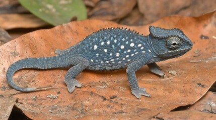 Obraz premium Blue chameleon on forest floor.