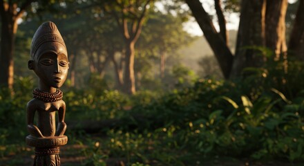 Obraz premium African Tribal Wooden Statue in a Lush Tropical Forest at Sunrise